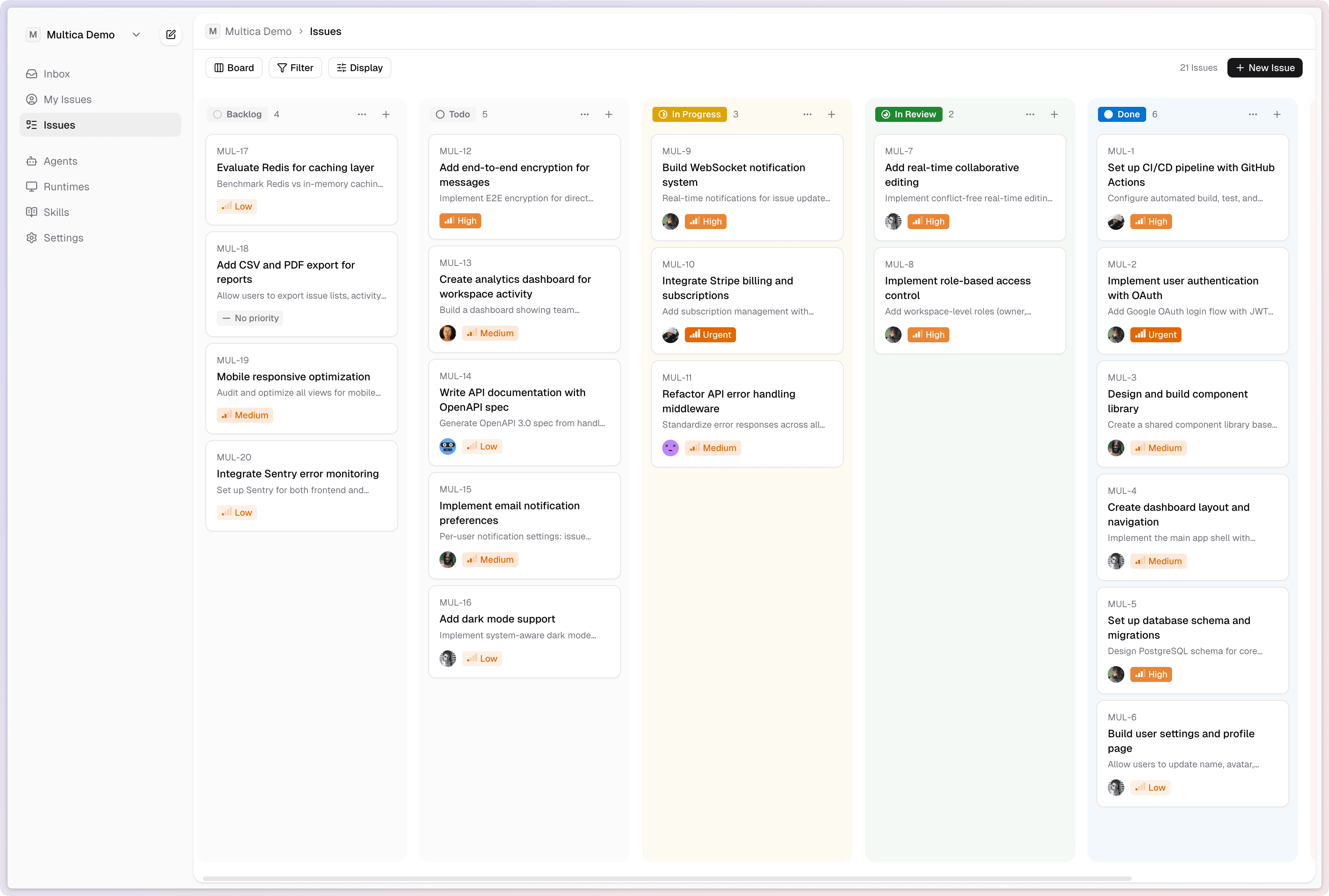 Deep Squad board view — issues managed by humans and agents